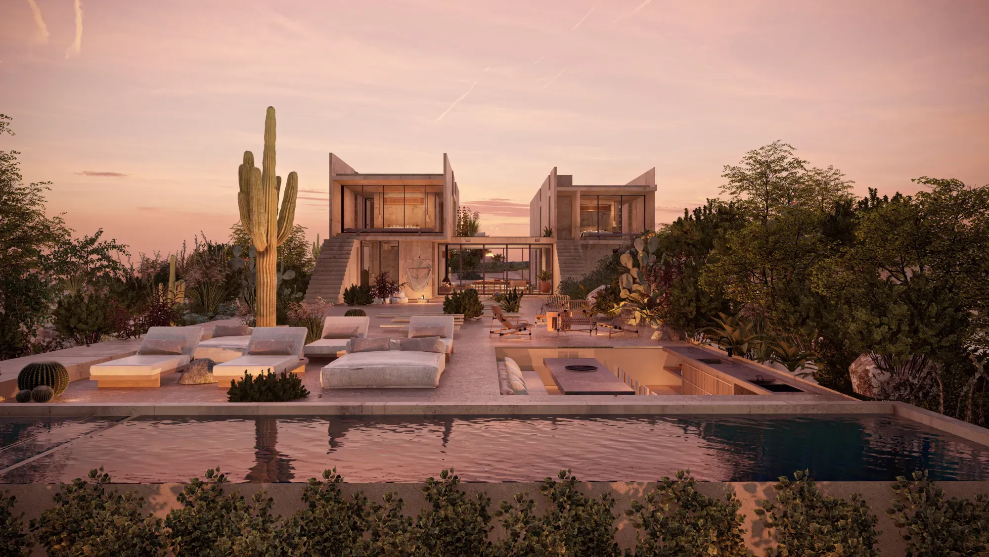 Modern concrete homes at dusk in Todos Santos, Baja California Sur