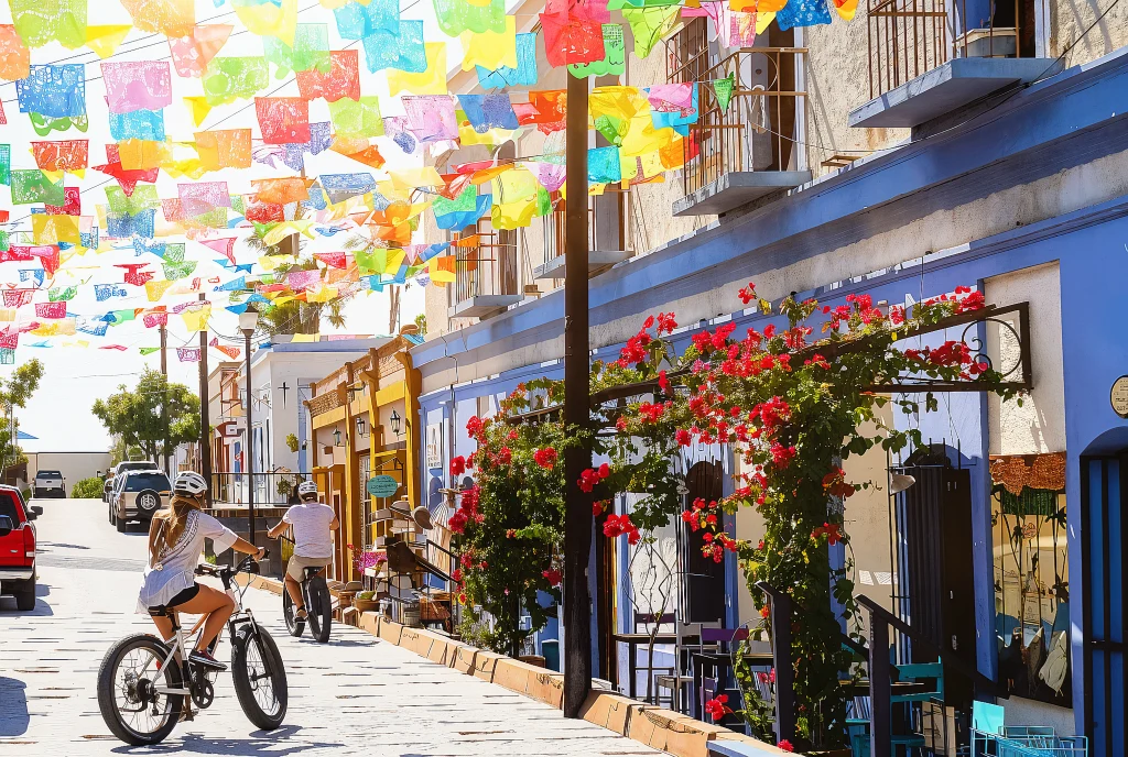Papel picado over a street of the centre